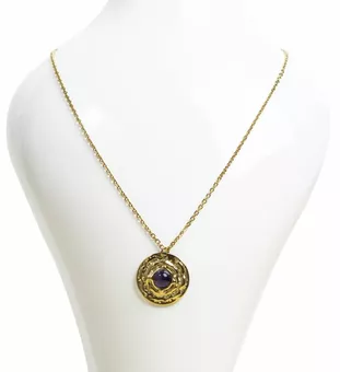 Collier Acier Inoxydable Doré Pendentif Rond Améthyste A 18.6mm