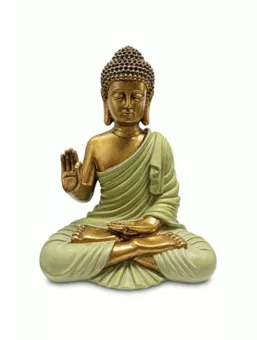 Statue Bouddha Abhaya Verte et Dorée en Résine 23 cm