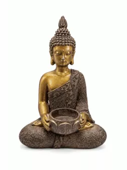 Statue Bouddha de Méditation avec Bol Brun et Doré en Résine 25 cm