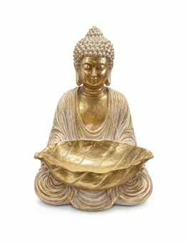 Statue Bouddha avec Coupe Feuille Blanche et Dorée en Résine 30 cm