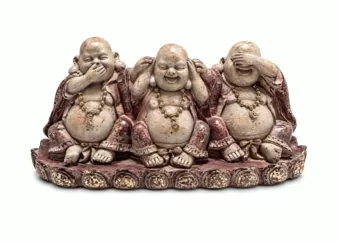 Statue 3 Bouddhas Rieurs de la Sagesse Mauve et Dorée en Résine 9 cm