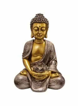 Statue Bouddha Méditation avec Lotus Dorée et Taupe en Résine 30 cm