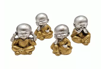 Set de 4 Moines de la Sagesse Argentés et Dorés en Résine 5,5 cm