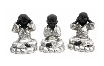 Set de 3 Statuettes Moines de la Sagesse en Résine Noir et Argenté 8cm