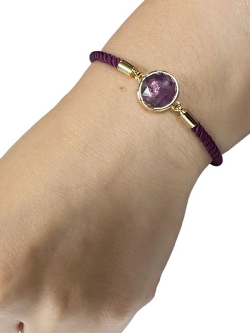 Bracelet Corde Laiton Amethyste Rond Facetté 12mm