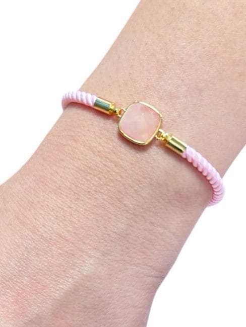 Bracelet Corde Laiton Quartz Rose Carré Facetté 11mm