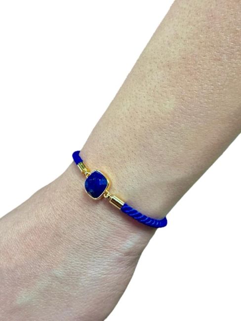 Bracelet Corde Laiton Lapis Lazuli Carré Facetté 11mm
