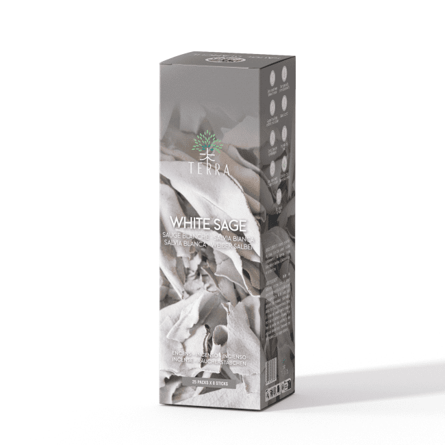 Encens TERRA Sauge Blanche 8 Bts sans charbon 12grs chez Arabesk