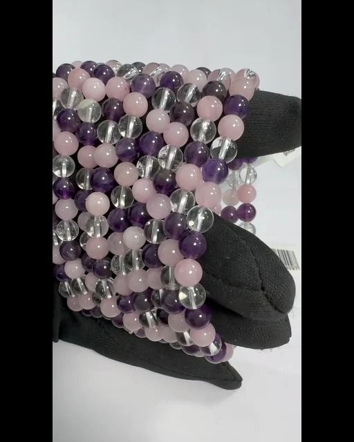 Bracelet Amethyste & Cristal de roche & Quartz rose A perles 6mm