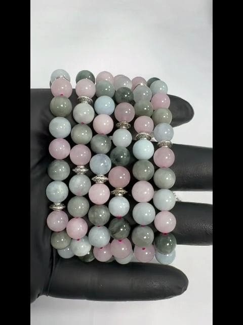 Bracelet Aigue Marine, Quartz rose, Oeil de Faucon & Charms A perles 8mm