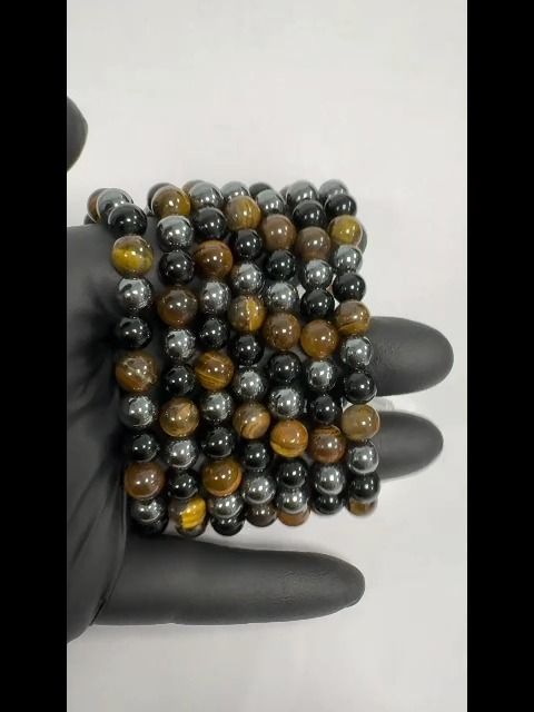 Bracelet Hématite, Œil de tigre, Obsidienne Noire perles 8mm