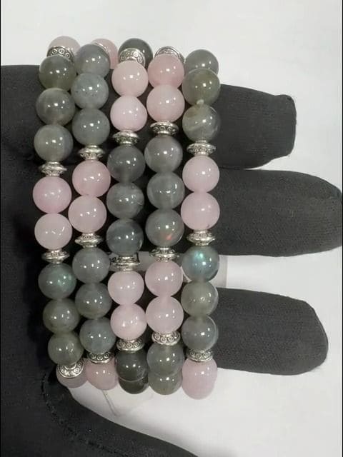 Bracelet Labradorite Quartz rose & Charms A perles 8mm