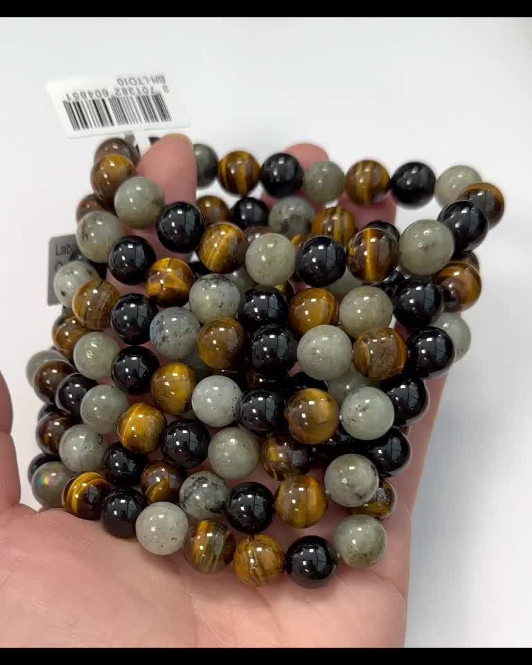 Bracelet Labradorite, Oeil de tigre, Onyx perles 10mm