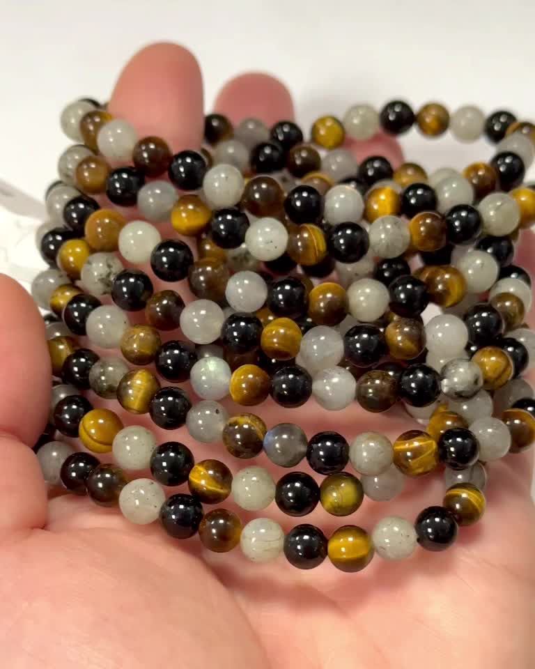 Bracelet Labradorite, Oeil de tigre, Onyx perles 6mm