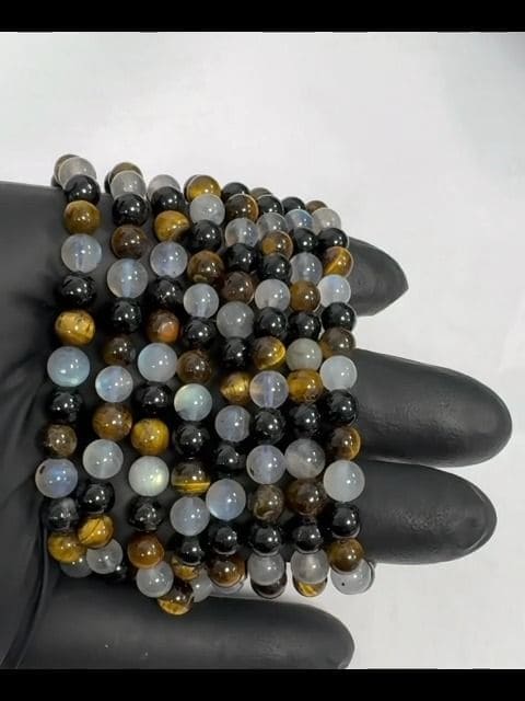 Bracelet Labradorite, Oeil de tigre, Tourmaline A perles 6mm