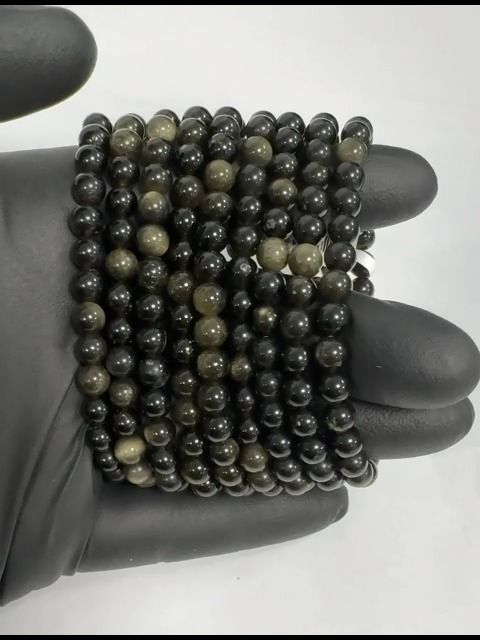 Bracelet perles Obsidienne noire dorée A 6mm
