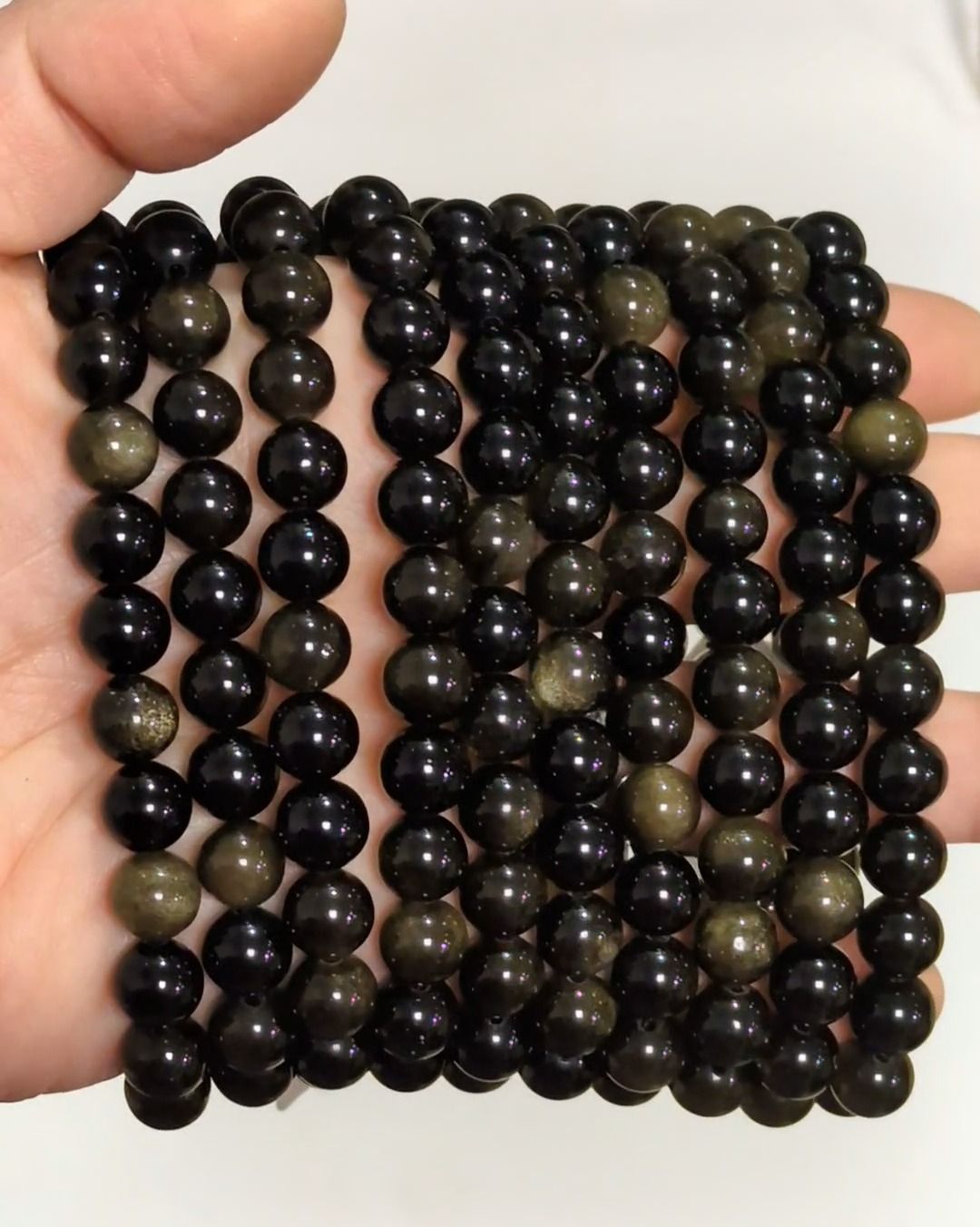 Bracelet perles Obsidienne noire dorée A 8mm