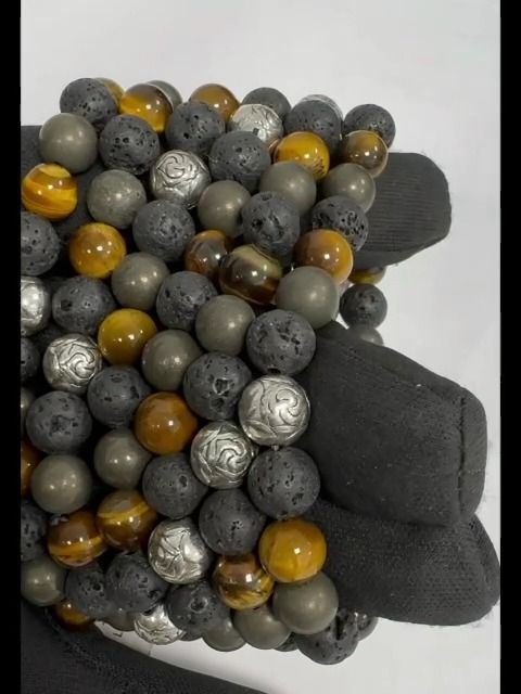 Bracelet Œil de Tigre, Pyrite, Pierre de Lave & Charms A perles 8mm