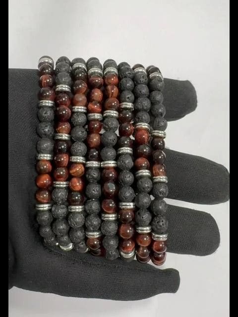 Bracelet Oeil de taureau Pierre de Lave & Charms A perles 6mm