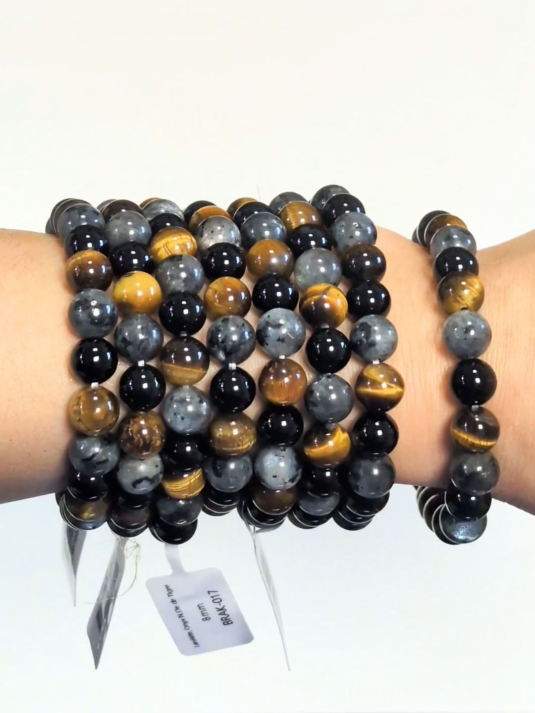 Bracelet Larvikite, Oeil de Tigre, Onyx Noir perles 8 mm