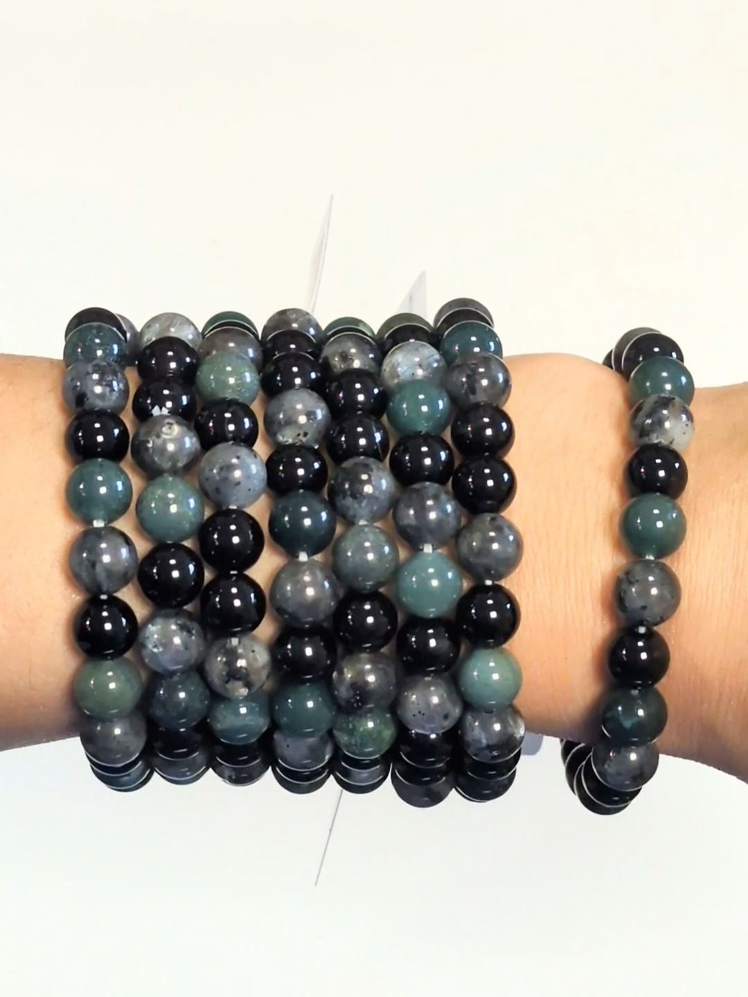 Bracelet Larvikite, Agate Mousse, Onyx Noir perles 8 mm
