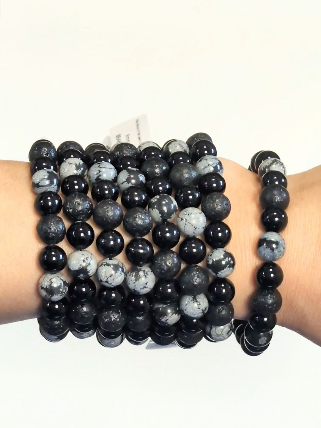 Bracelet Obsidienne Flocon de Neige, Pierre de Lave, Onyx Noir perles 8 mm