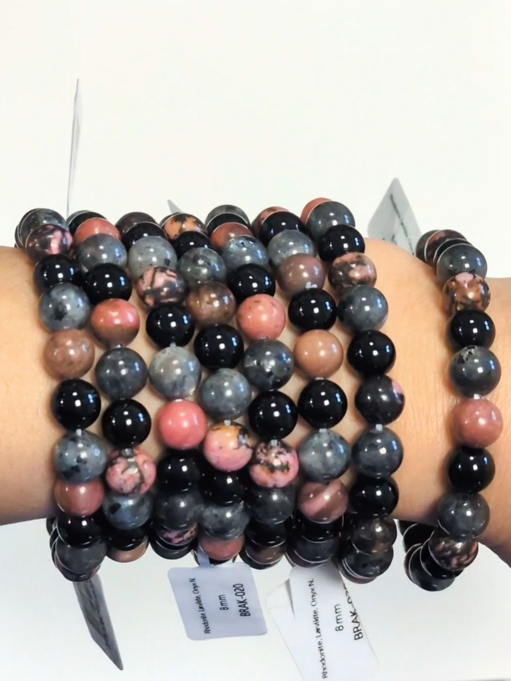 Bracelet Rhodonite, Larvikite, Onyx Noir perles 8 mm