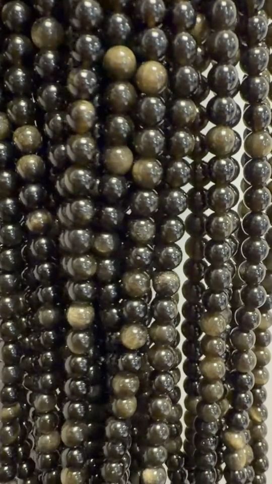 Perles Rondes sur Fil Obsidienne Noire Dorée A 6mm