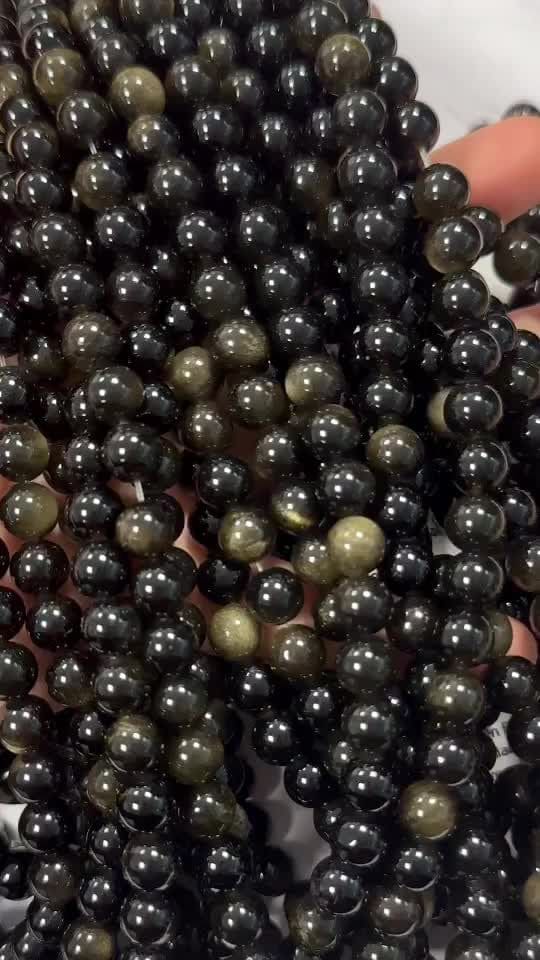 Obsidienne noire dorée A perles 8mm sur fil 40cm