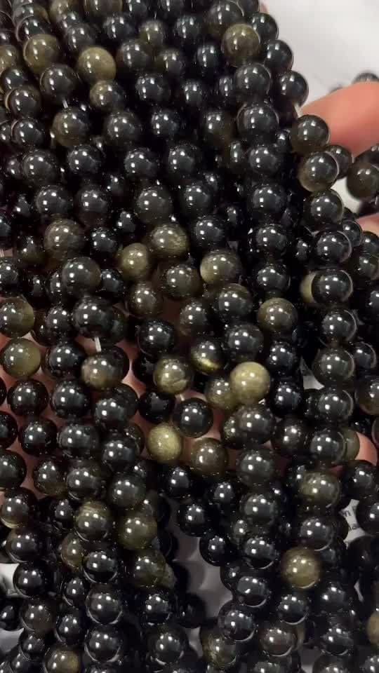 Obsidienne noire dorée A perles 8mm sur fil 40cm