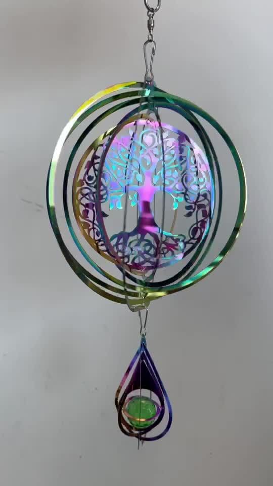 Carillon éolien 3D acier arc-en-ciel arbre de vie Cristal 15cm