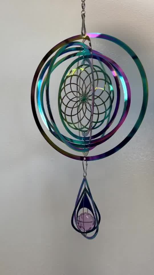 Carillon éolien 3D acier arc-en-ciel fleur de vie Cristal 15cm